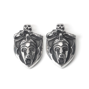 Detailed retro shield pendant with skull and snake motifs in gothic stainless steel