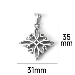 Detail view of a 35mm by 31mm stainless steel Celtic knot pendant with size markings