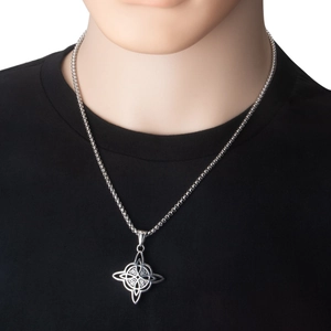 Close-up of Celtic knot star pendant on box chain worn by a male model on black t-shirt