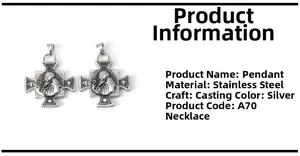 Detailed macro view of vintage St. Benedict cross pendants made of cast stainless steel