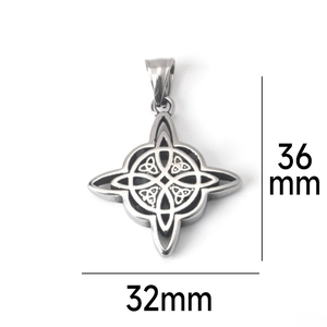 Detailed size view of the 36x32mm vintage silver stainless steel Celtic witch knot pendant