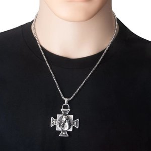 Close-up of silver stainless steel cross pendant with PAX medallion on box chain