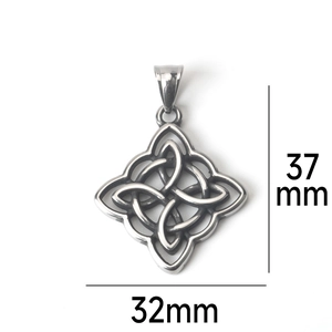 Detail showing dimensions of 37mm by 32mm for the silver stainless steel Celtic knot pendant