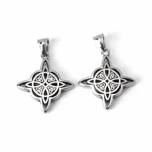 Detailed front and back view of stainless steel Celtic witch knot star pendant