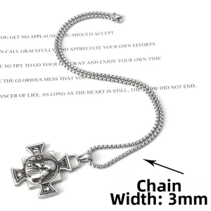 Close-up of vintage stainless steel cross pendant with 3mm round pearl chain necklace