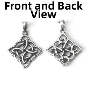 Front and back view of vintage stainless steel Celtic knot pendant with intricate patterns