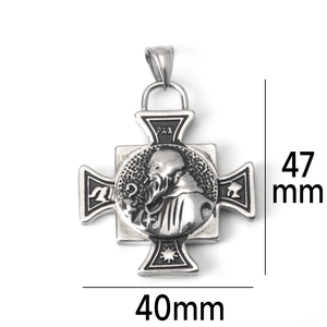 Detail view of retro stainless steel cross pendant with saint relief and 47mm size markings