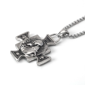 Vintage stainless steel cross shield pendant necklace with embossed PAX portrait