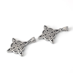 Stainless steel Celtic witch knot pendants with vintage finish on white background