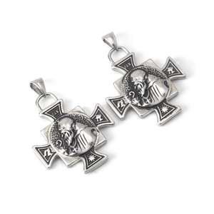 Retro stainless steel cross pendant featuring religious saint relief and PAX engraving