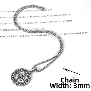 Stainless steel Celtic witch knot pendant necklace with 3mm silver round box chain