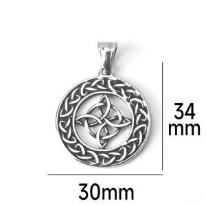 Macro detail of stainless steel Celtic witch knot pendant showing 30mm diameter size