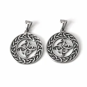 Detailed front and back view of round stainless steel Celtic witch's knot pendant