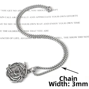 Detailed close-up of retro wolf totem pendant with 3mm wide pearl chain link