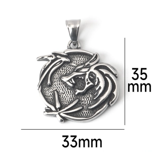 Detail of silver stainless steel round dragon pendant with dimensions 35mm by 33mm