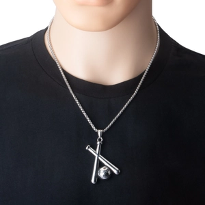 Détail du pendentif double batte de baseball en acier inoxydable avec chaîne à billes