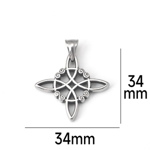 Detailed view of stainless steel Celtic witch knot pendant with 34mm measurements