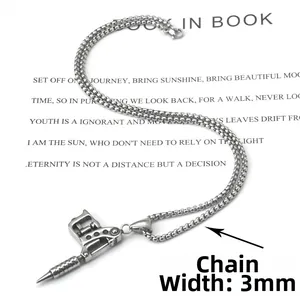 Detail of 3mm wide box chain on a silver stainless steel tattoo machine necklace