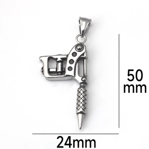 Detailed close-up of retro stainless steel tattoo machine pendant with size dimensions
