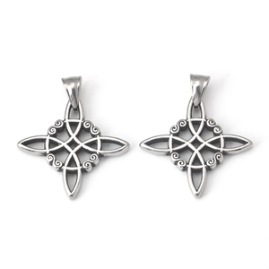 Detailed close-up of two stainless steel Celtic witch knot pendants with spiral carvings