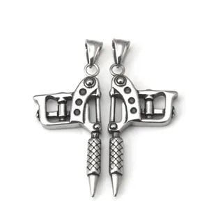 Retro stainless steel tattoo machine pendant necklace in silver with front and back view