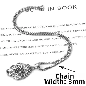 Detailed shot of 3mm box chain and Valknut symbol on triangle stainless steel pendant