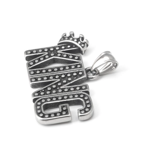 Pendentif lettre KING en acier inoxydable argenté hip hop avec couronne et texture