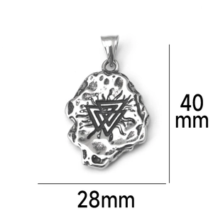 Detailed view of silver stainless steel Valknut pendant with dimensions 40x28mm