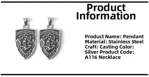 Detail view of silver St. Michael shield pendant with Saint Michael Protect Us engraving