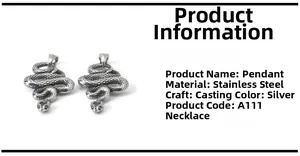 Détails du pendentif serpent en acier inoxydable argenté avec texture de moulage fine