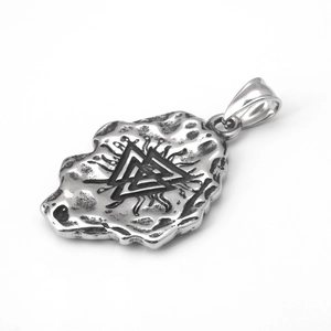 Vintage stainless steel Valknut triangle pendant necklace with hammered metal texture