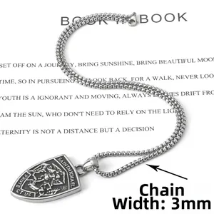 Detail of 3mm wide square pearl chain with Archangel Saint Michael shield pendant