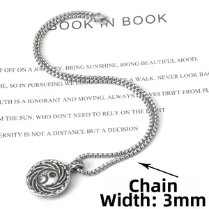 Détail de la chaîne box en acier inoxydable de 3mm avec pendentif Yin Yang Tai Chi rétro