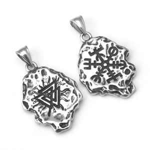 Stainless steel Viking Valknut and Vegvisir triangle pendants with hammered texture finish