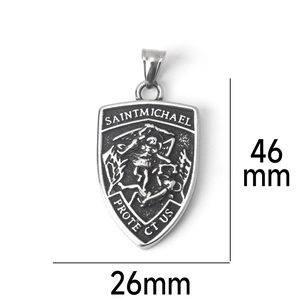 Detail of Saint Michael shield pendant in stainless steel with relief engraving