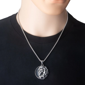 Nahaufnahme eines silbernen Löwenkopf-Anhängers mit feinen Details an einer Metallkette