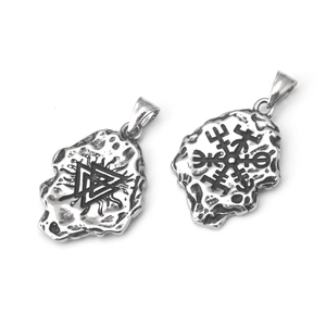 Vintage stainless steel necklace with triangular lava texture and Nordic Valknut symbols
