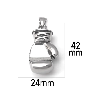 Detailed view of polished stainless steel boxing glove pendant showing 42mm by 24mm size