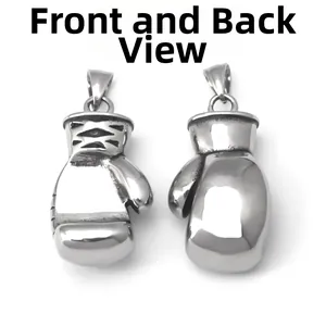 Front and back view of silver stainless steel boxing glove pendant with realistic textures
