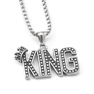 Collier avec Pendentif Couronne Lettre KING Hip Hop en Acier Inoxydable Argent Antique Bijoux Punk Rock pour Homme Femme