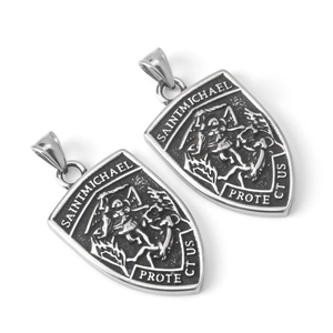 Saint Michael Archangel shield pendant in vintage stainless steel with protect us engraving