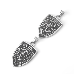 Saint Michael Archangel shield pendant necklace in silver stainless steel finish