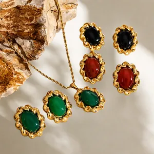 Vintage Stainless Steel Gemstone Earrings Necklace Set Gold Plated Oval Agate Pendant Twist Woven Jewelry For Women