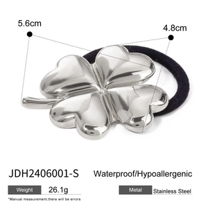 Waterproof stainless steel clover hair tie with silver mirror finish and elastic band