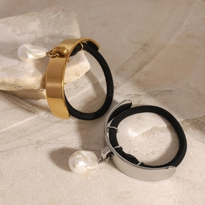 Élastique à Cheveux Minimaliste en Acier Inoxydable avec Pendentif Künstliche Perle Baroque pour Femme Or Argent Accessoire de Coiffure