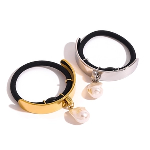 Élastique à cheveux en acier inoxydable avec pendentif perle baroque doré et argenté