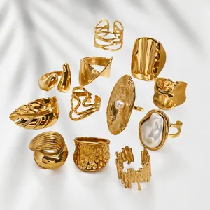Anello in Acciaio Inossidabile Placcato Oro Vintage per Donna Anello Aperto Regolabile Martellato Irregolare con Gioielli in Künstliche Perle