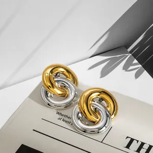 Boucles d'Oreilles Créoles Entrelacées en Acier Inoxydable Bicolore Style Européen Américain pour Femmes Bijoux Géométriques Plaqués Or Argent de Luxe