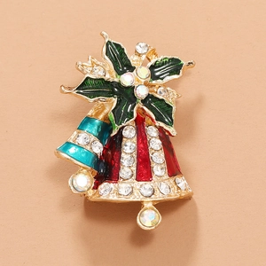 Élégante broche cloche de Noël avec émail rouge et vert et strass scintillants