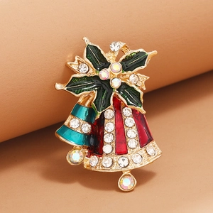 Broche Cloches Doubles de Noël pour Femmes Mode Alliage Strass Émail Feuille de Houx Bijoux de Fête Vintage Cadeau